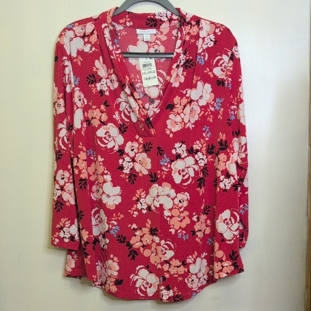 Charter Club Red Floral V-Neck Blouse